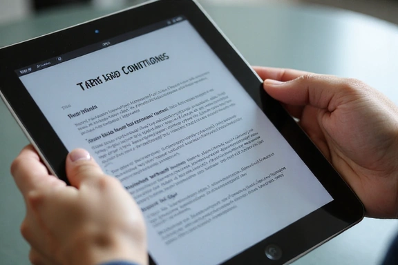Person reading terms and conditions on a tablet, symbolizing agreement and legal compliance